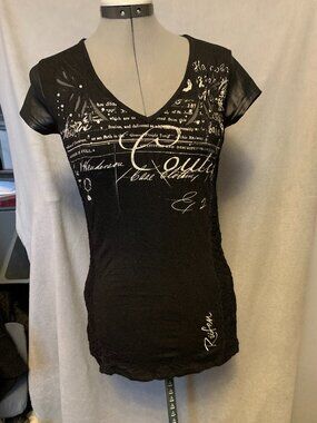 Rufen - Black short sleeve top with crystals, leather,and lace detail - Size M